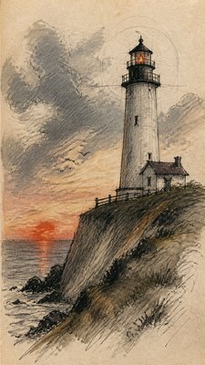 a lone lighthouse on a cliff at dusk under a dramatic sky, no text or lettering