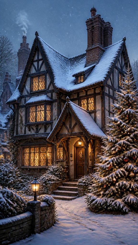 a snow-covered cottage with warm glowing windows beside a decorated pine tree, gentle snowfall, no text