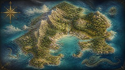 a map of an island realm with mountains, forests, a sheltered bay, sea monsters in the water and a compass rose, no text labels