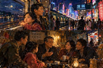 Paint this scene fo rme:  After leaving their home in Guangzhou, Siu Zi and her Father traveled by train to Shenzhen, where the city’s neon lights replaced Guangzhou’s lanterns. The train rumbled through the night, its rhythmic clatter a steady reminder that every mile taken was a step away from the life they once knew—and a step closer to hope, although it still wasn’t clear where or how they would find this new hope. In Shenzhen, they met Mr. Chen once more. In a modest safe house tucked away behind a busy market, he introduced them to a small group of others who, like them, were on the run. There was Mei, a kind woman who had once taught music, and Li, a gentle man whose eyes sparkled with hidden stories. These newfound friends shared whispered words of encouragement, turning fear into a sense of shared purpose.