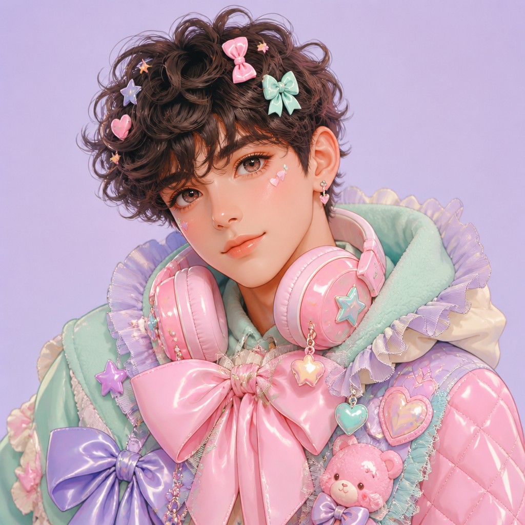 head-and-shoulders portrait of an original character: a young man with curly dark hair and headphones around his neck, plain backdrop, no text