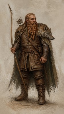 full-body original character: a dwarven ranger with a braided auburn beard, worn leather armor, a longbow and a wolf-pelt cloak, neutral background, no text