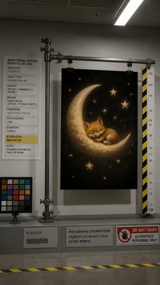 a sleeping baby fox curled on a crescent moon among soft stars, gentle and warm, no text