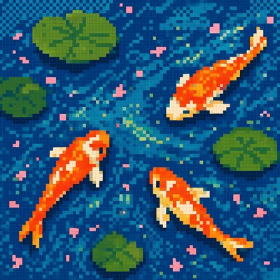 A koi pond seen from above, orange and white koi fish swimming among lily pads, clear water with subtle ripples, fallen cherry blossom petals floating on the surface, dappled sunlight