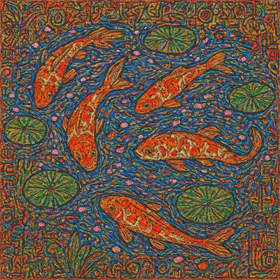 A koi pond seen from above, orange and white koi fish swimming among lily pads, clear water with subtle ripples, fallen cherry blossom petals floating on the surface, dappled sunlight