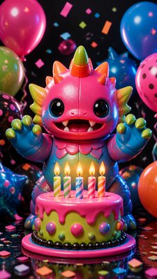 a birthday cake with lit candles surrounded by balloons and confetti, festive vertical composition, no text