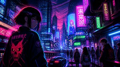 bustling city street panorama at dusk