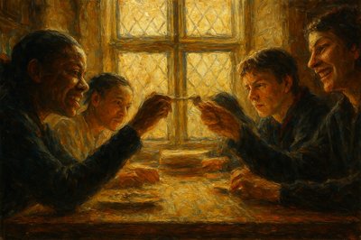 a painting of three people sitting at a table