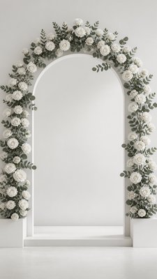 an arch of white roses and eucalyptus in soft morning light, elegant vertical composition with open space, no text