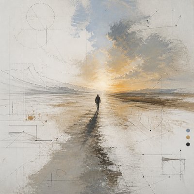a solitary figure walking toward a glowing horizon across an empty plain, moody atmosphere, no text or lettering