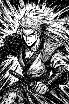 a black and white drawing of a man with a sword