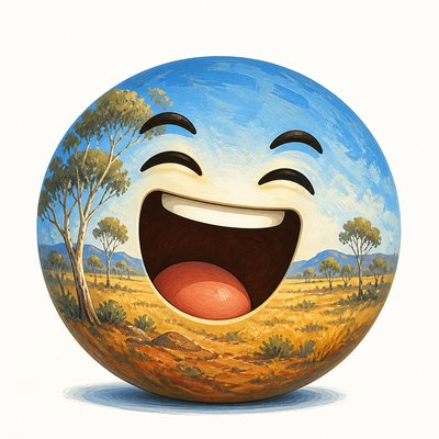 an exaggerated laughing face of an original round mascot character, bold and readable at small size, plain background, no text