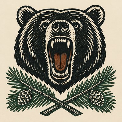 a roaring bear head above crossed pine branches, bold graphic composition on a plain background, no text