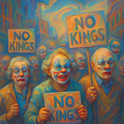 A sharp and satirical political cartoon in a bold, distinctive political cartoon style. The scene depicts protestors alongside a city street, but instead of typical protestors, the crowd is made up entirely of elderly folks with a Pennywise style of exaggerated clown makeup, wearing regular clothing, but their expressions are not menacing, rather they are comically defiant, fitting the protest theme. They hold signs which say "No Kings"