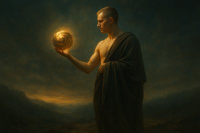 a painting of a man holding a golden object