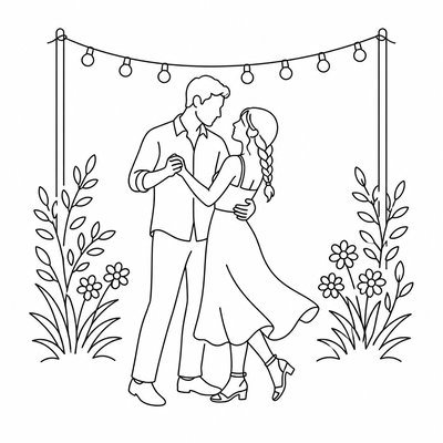 an original couple dancing under string lights in a garden at dusk: a man with short black hair in a linen shirt and a woman with braided red hair in a summer dress