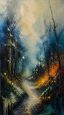 a mysterious forest path with fireflies and drifting mist, atmospheric vertical composition with open space at the top, no text