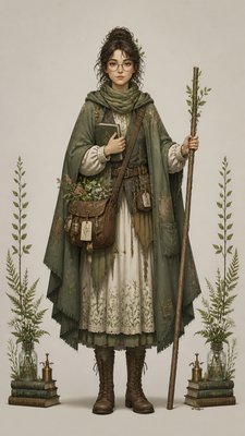 full-body original character: a wandering botanist with a satchel of plants, a patched green cloak, tall boots and round glasses, neutral background