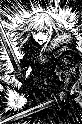 a black and white drawing of a woman holding a sword