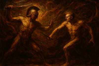 a painting of two men dancing with each other