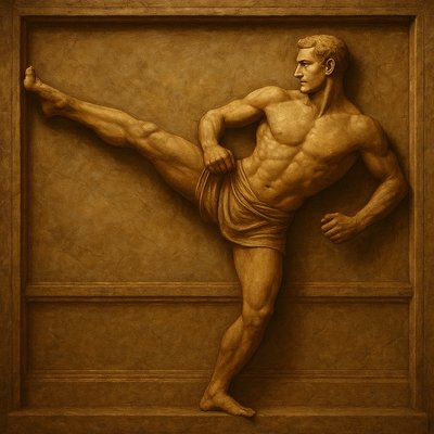 a painting of a man doing a kickbox pose