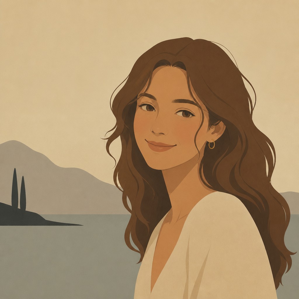 head-and-shoulders portrait of an original character: a young woman with wavy chestnut hair and a warm smile, plain soft backdrop