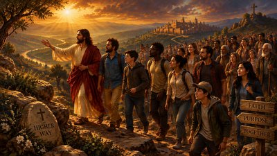 a painting of jesus leading a group of people