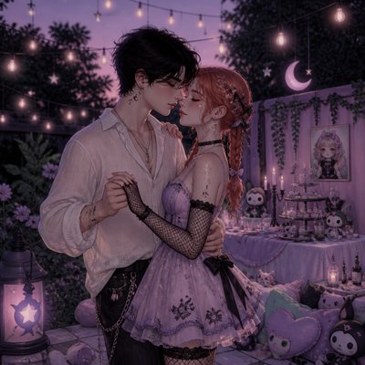 an original couple dancing under string lights in a garden at dusk: a man with short black hair in a linen shirt and a woman with braided red hair in a summer dress