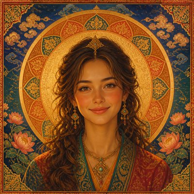 head-and-shoulders portrait of an original character: a young woman with wavy chestnut hair and a warm smile, plain soft backdrop