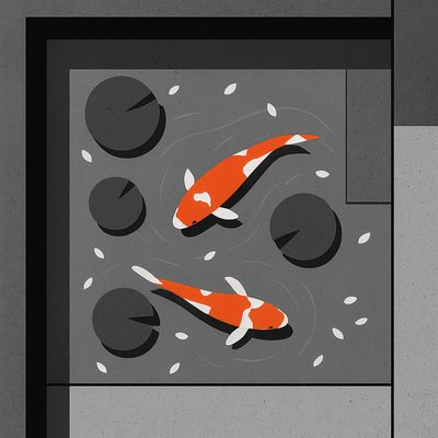 A koi pond seen from above, orange and white koi fish swimming among lily pads, clear water with subtle ripples, fallen cherry blossom petals floating on the surface, dappled sunlight