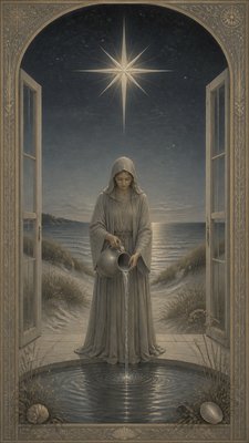 a robed figure pouring water beneath a large eight-pointed star in a night sky, symmetrical composition with an ornate decorative border, no text