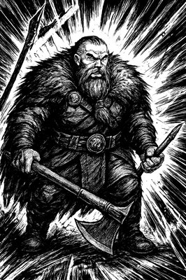 a black and white drawing of a man with an axe