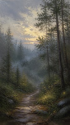 a mysterious forest path with fireflies and drifting mist, atmospheric vertical composition with open space at the top, no text