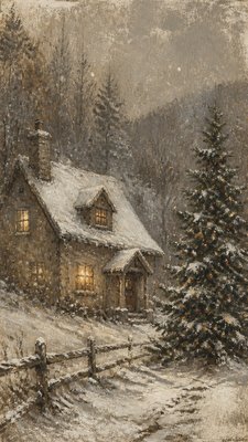 a snow-covered cottage with warm glowing windows beside a decorated pine tree, gentle snowfall, no text