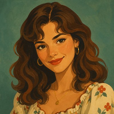 head-and-shoulders portrait of an original character: a young woman with wavy chestnut hair and a warm smile, plain soft backdrop