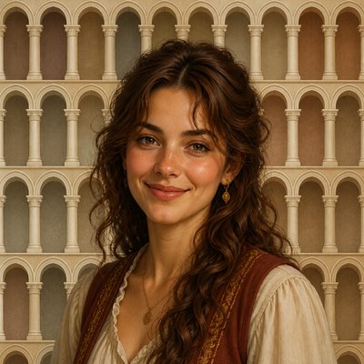 head-and-shoulders portrait of an original character: a young woman with wavy chestnut hair and a warm smile, plain soft backdrop