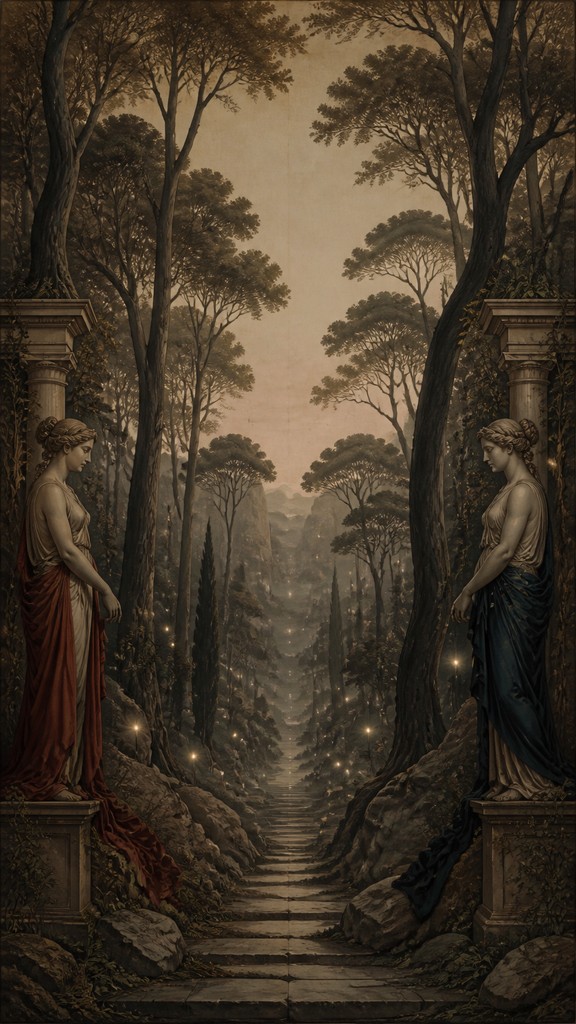 a mysterious forest path with fireflies and drifting mist, atmospheric vertical composition with open space at the top, no text