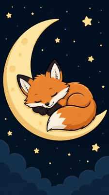 a sleeping baby fox curled on a crescent moon among soft stars, gentle and warm, no text