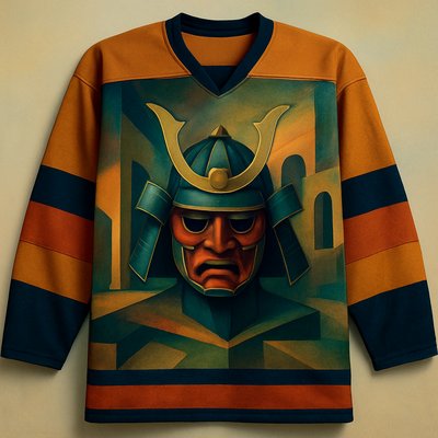 DESIGN ME A HOCKEY JERSEY WITH A SAMURAI BATTLE MASK HELMET