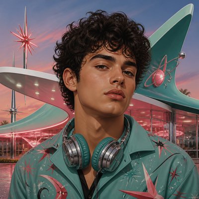 head-and-shoulders portrait of an original character: a young man with curly dark hair and headphones around his neck, plain backdrop, no text