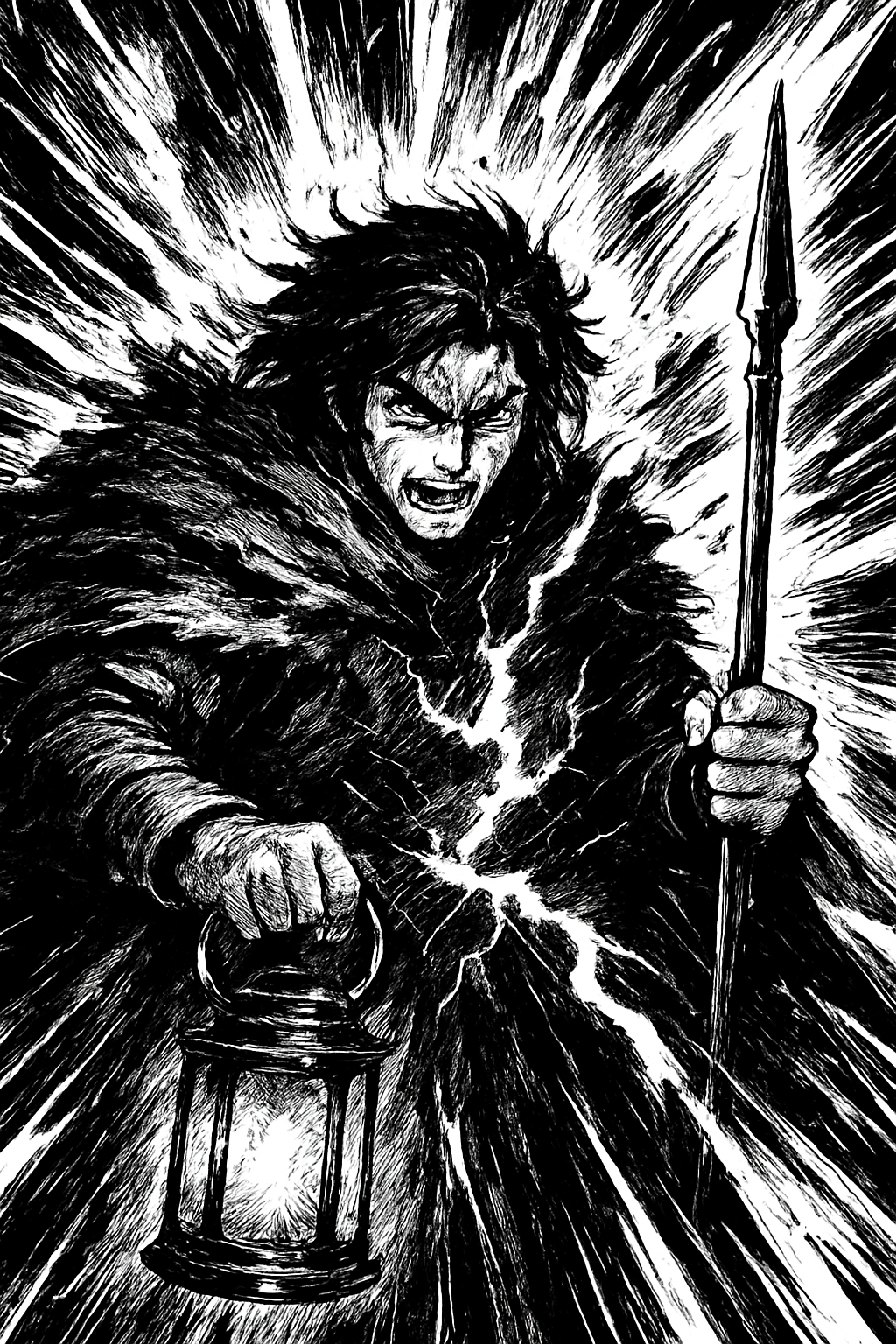 a black and white drawing of a man holding a lantern