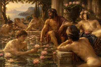 Ulysses and his ignudi men bathe and lounge around the lotus flowers and pool