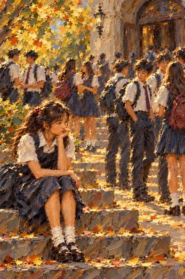 a painting of a girl sitting on steps