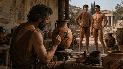ancient greek ignudi vase painter and two runners pose for him