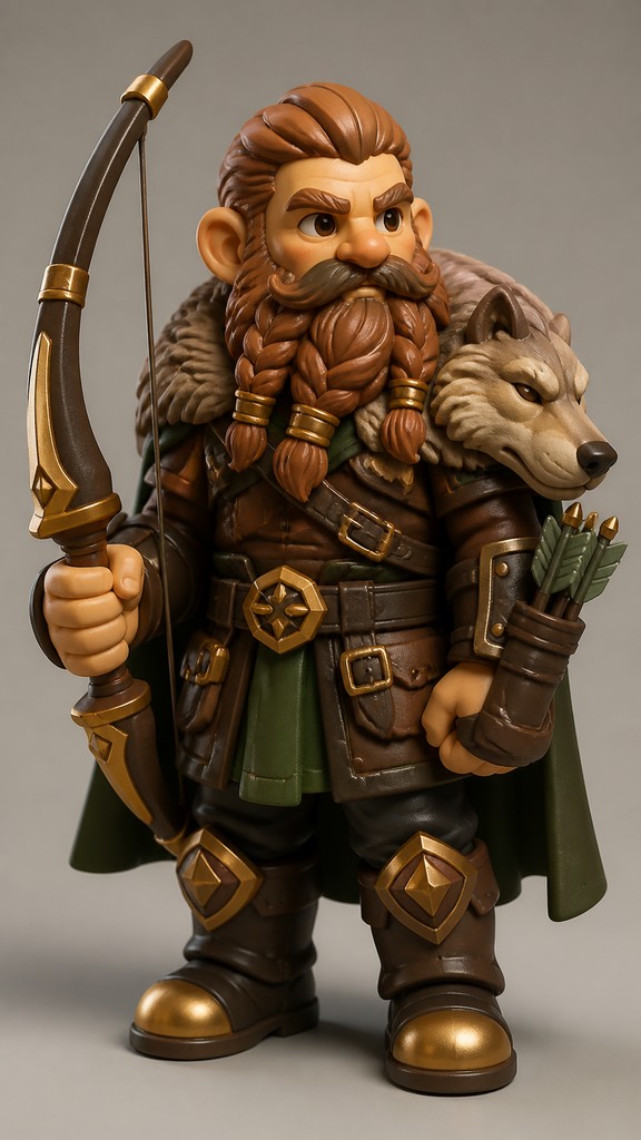 full-body original character: a dwarven ranger with a braided auburn beard, worn leather armor, a longbow and a wolf-pelt cloak, neutral background, no text