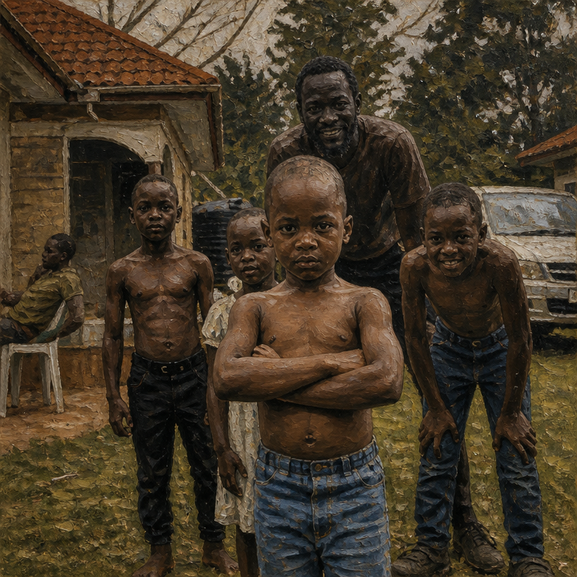a group of children standing in front of a house