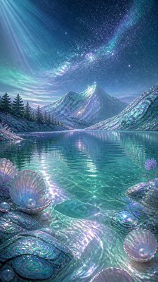a tranquil mountain lake beneath a starry night sky, no people, no text