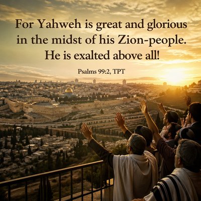 “For Yahweh is great and glorious in the midst of his Zion-people. He is exalted above all!” (Psalms 99:2, TPT)
