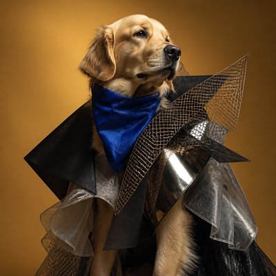 portrait of a golden retriever wearing a blue bandana, warm plain backdrop, no text
