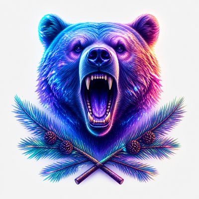 a roaring bear head above crossed pine branches, bold graphic composition on a plain background, no text